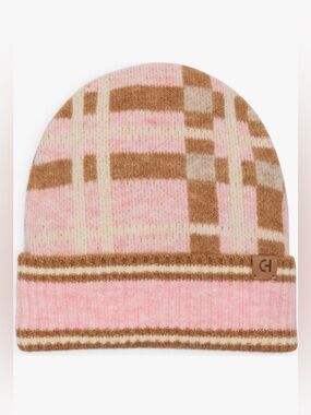 Cole Haan Tan and Pink Sweater Knit Plaid Cuffed Beanie OS NWT